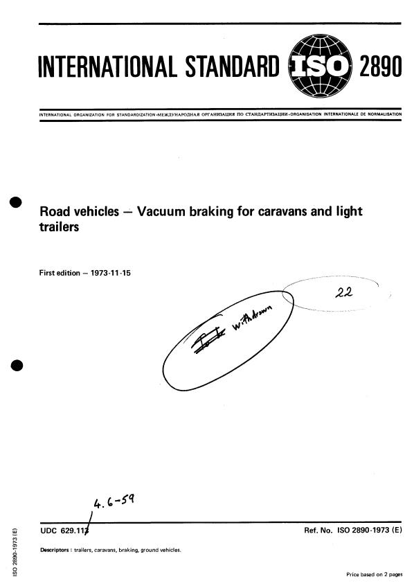 ISO 2890:1973 - Road vehicles -- Vacuum braking for caravans and light trailers