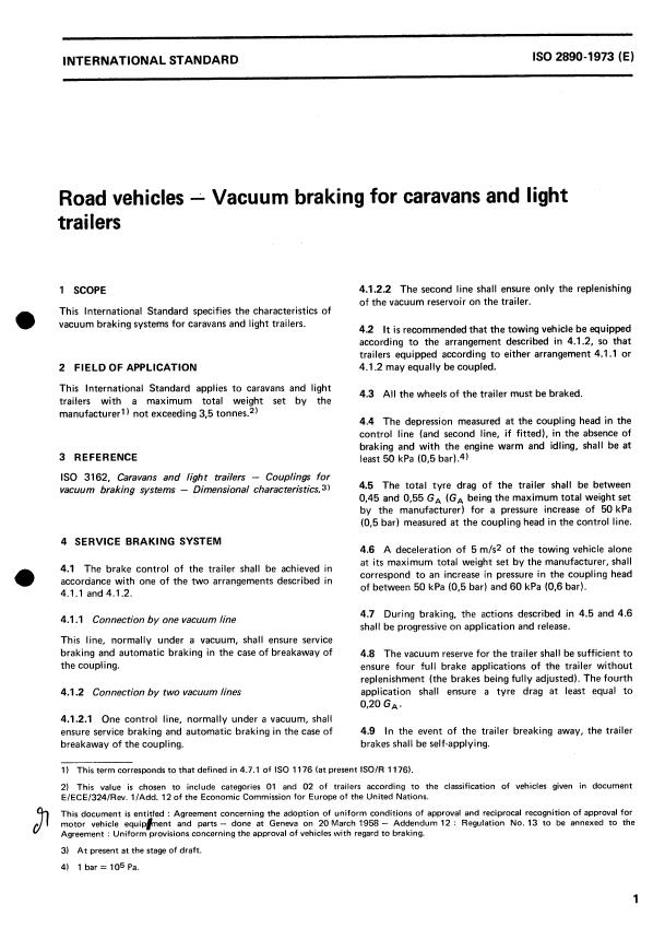 ISO 2890:1973 - Road vehicles -- Vacuum braking for caravans and light trailers