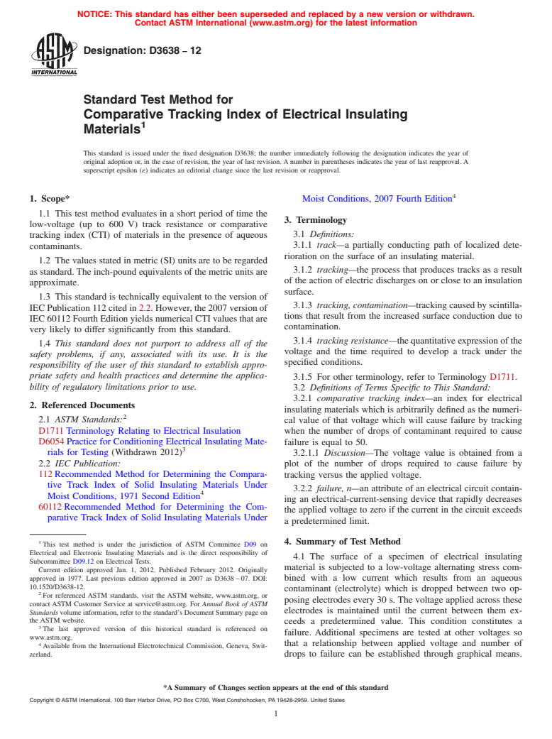 ASTM D3638-12 - Standard Test Method for  Comparative Tracking Index of Electrical Insulating Materials