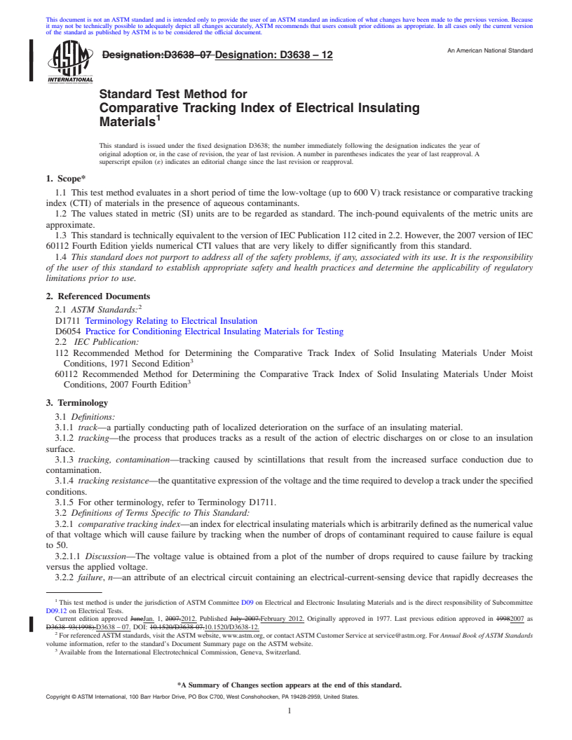 REDLINE ASTM D3638-12 - Standard Test Method for  Comparative Tracking Index of Electrical Insulating Materials