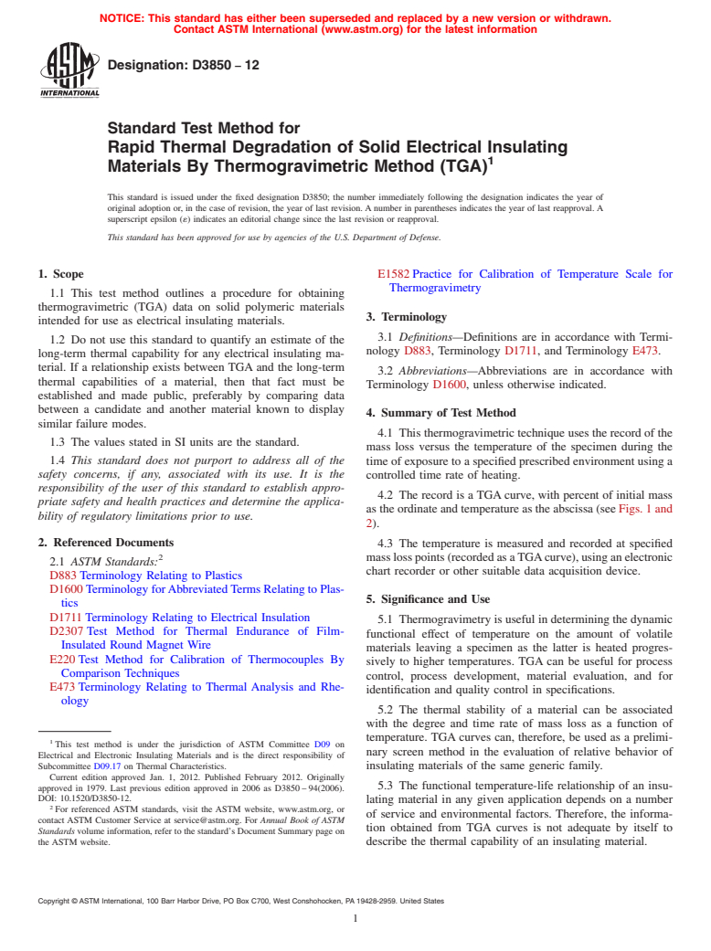 ASTM D3850-12 - Standard Test Method for Rapid Thermal Degradation of Solid Electrical Insulating Materials By Thermogravimetric Method (TGA)