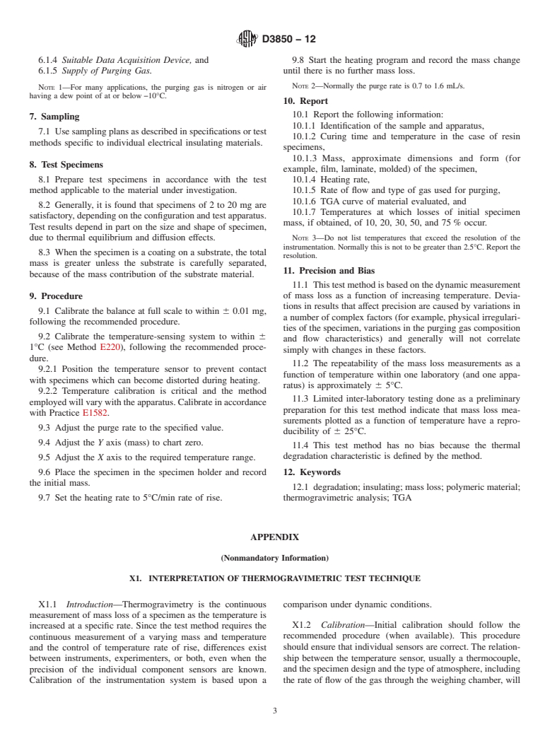 ASTM D3850-12 - Standard Test Method for Rapid Thermal Degradation of Solid Electrical Insulating Materials By Thermogravimetric Method (TGA)