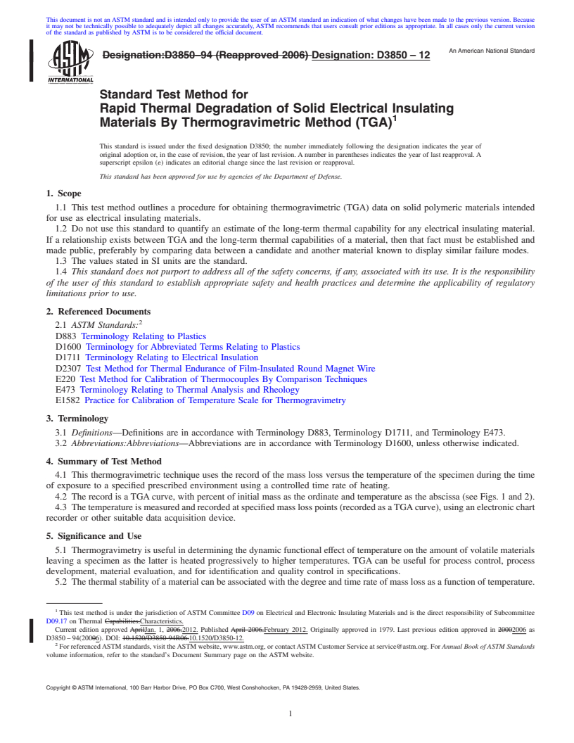 REDLINE ASTM D3850-12 - Standard Test Method for Rapid Thermal Degradation of Solid Electrical Insulating Materials By Thermogravimetric Method (TGA)