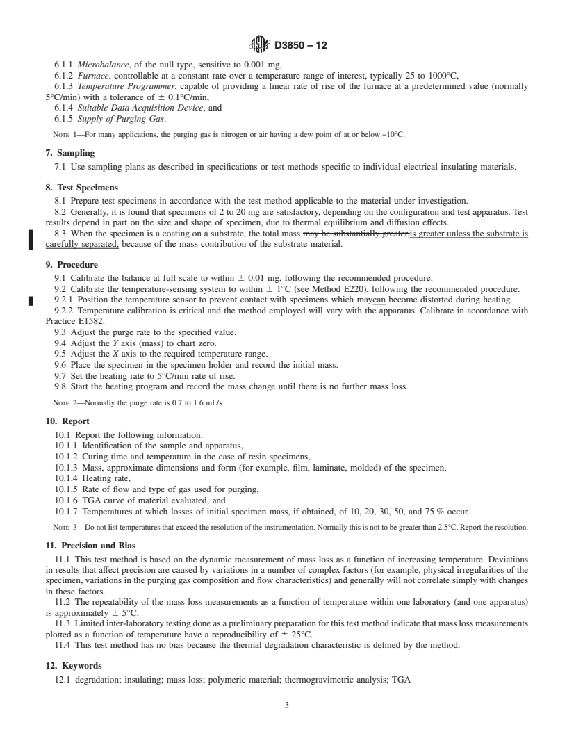 REDLINE ASTM D3850-12 - Standard Test Method for Rapid Thermal Degradation of Solid Electrical Insulating Materials By Thermogravimetric Method (TGA)