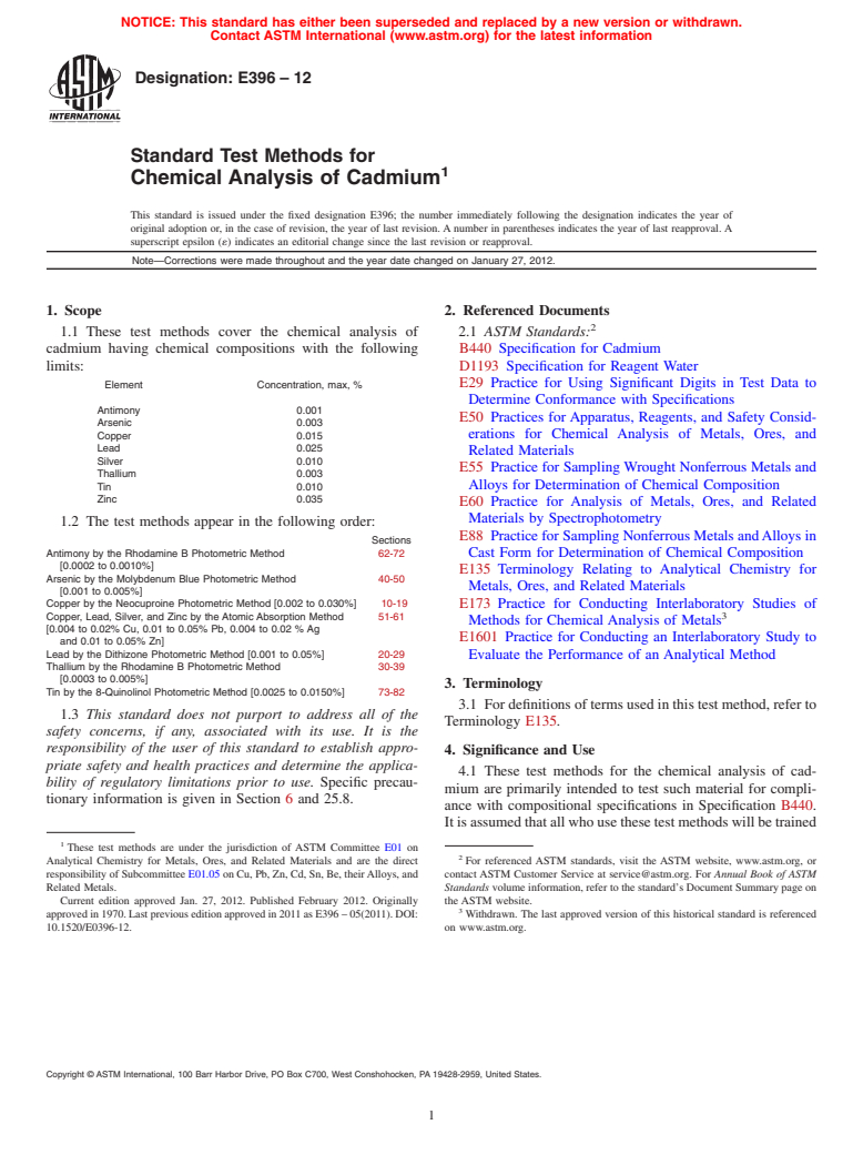 ASTM E396-12 - Standard Test Methods for  Chemical Analysis of Cadmium