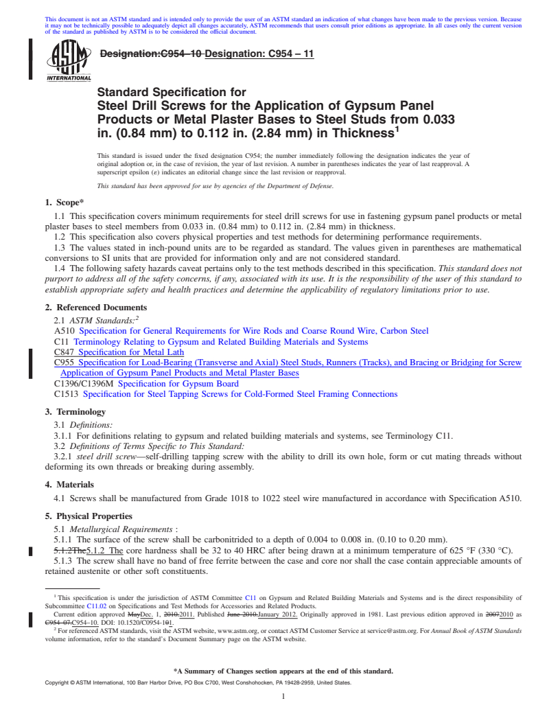 REDLINE ASTM C954-11 - Standard Specification for  Steel Drill Screws for the Application of Gypsum Panel Products or Metal Plaster Bases to Steel Studs from 0.033 in. (0.84 mm) to 0.112 in. (2.84  mm) in Thickness