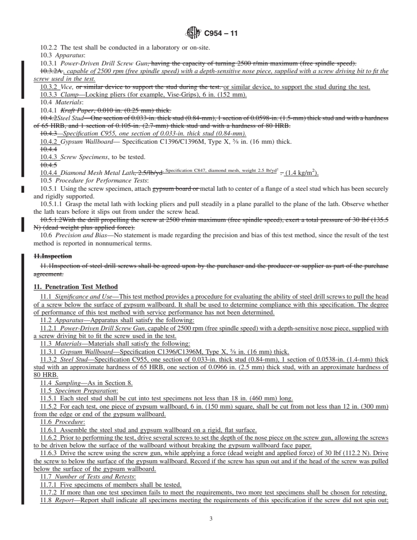 REDLINE ASTM C954-11 - Standard Specification for  Steel Drill Screws for the Application of Gypsum Panel Products or Metal Plaster Bases to Steel Studs from 0.033 in. (0.84 mm) to 0.112 in. (2.84  mm) in Thickness