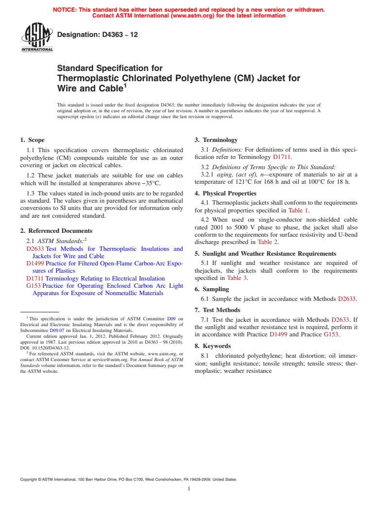 ASTM D4363-12 - Standard Specification for  Thermoplastic Chlorinated Polyethylene (CM) Jacket for Wire and Cable