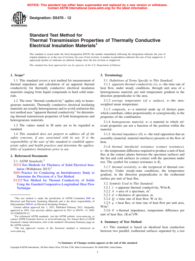 ASTM D5470-12 - Standard Test Method for  Thermal Transmission Properties of Thermally Conductive Electrical Insulation Materials