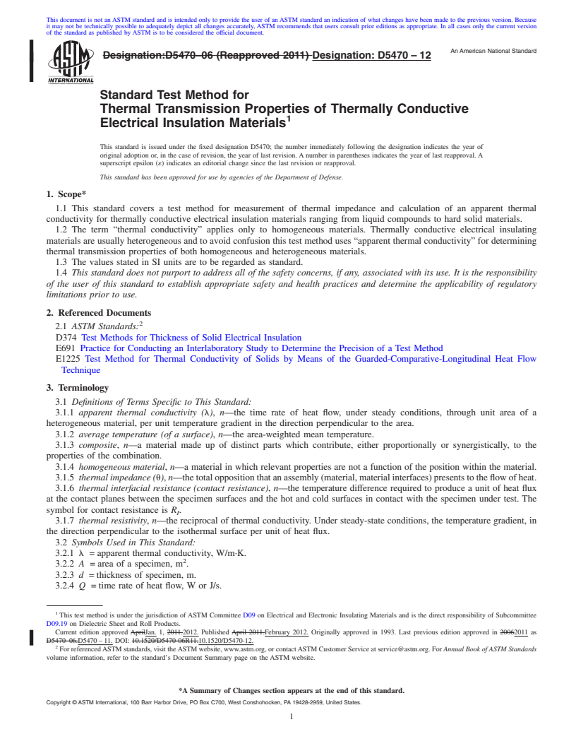 REDLINE ASTM D5470-12 - Standard Test Method for  Thermal Transmission Properties of Thermally Conductive Electrical Insulation Materials