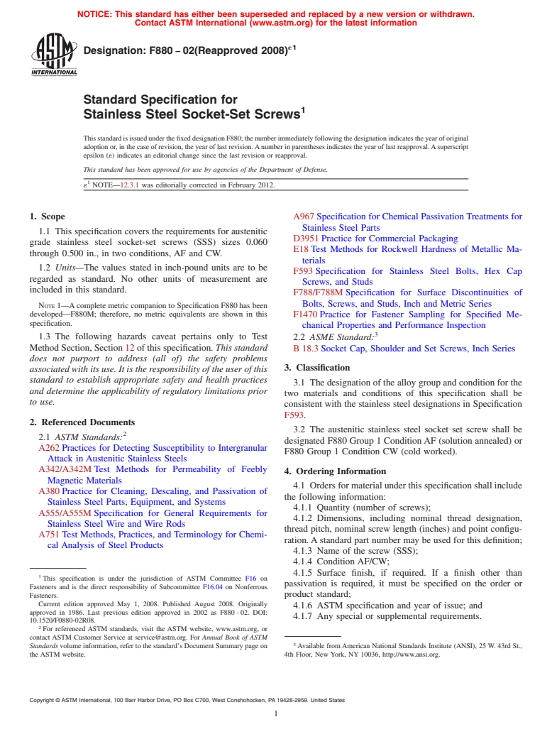 ASTM F880-02(2008)e1 - Standard Specification for  Stainless Steel Socket-Set Screws