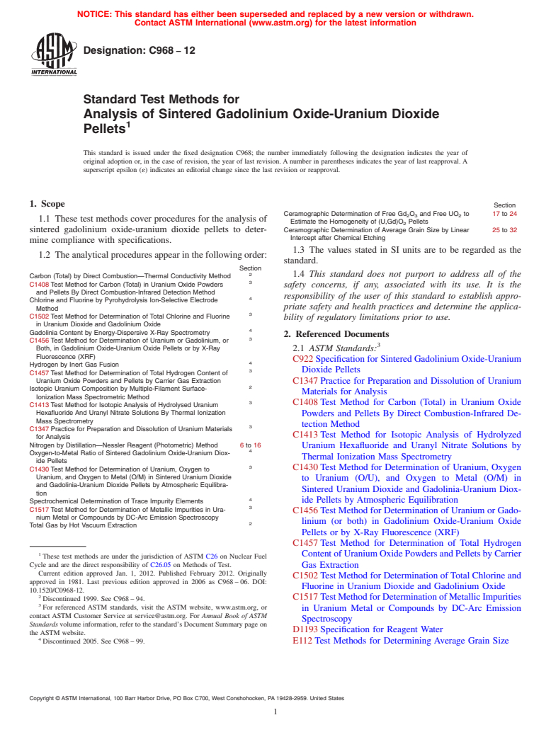 ASTM C968-12 - Standard Test Methods for Analysis of Sintered Gadolinium Oxide-Uranium Dioxide Pellets