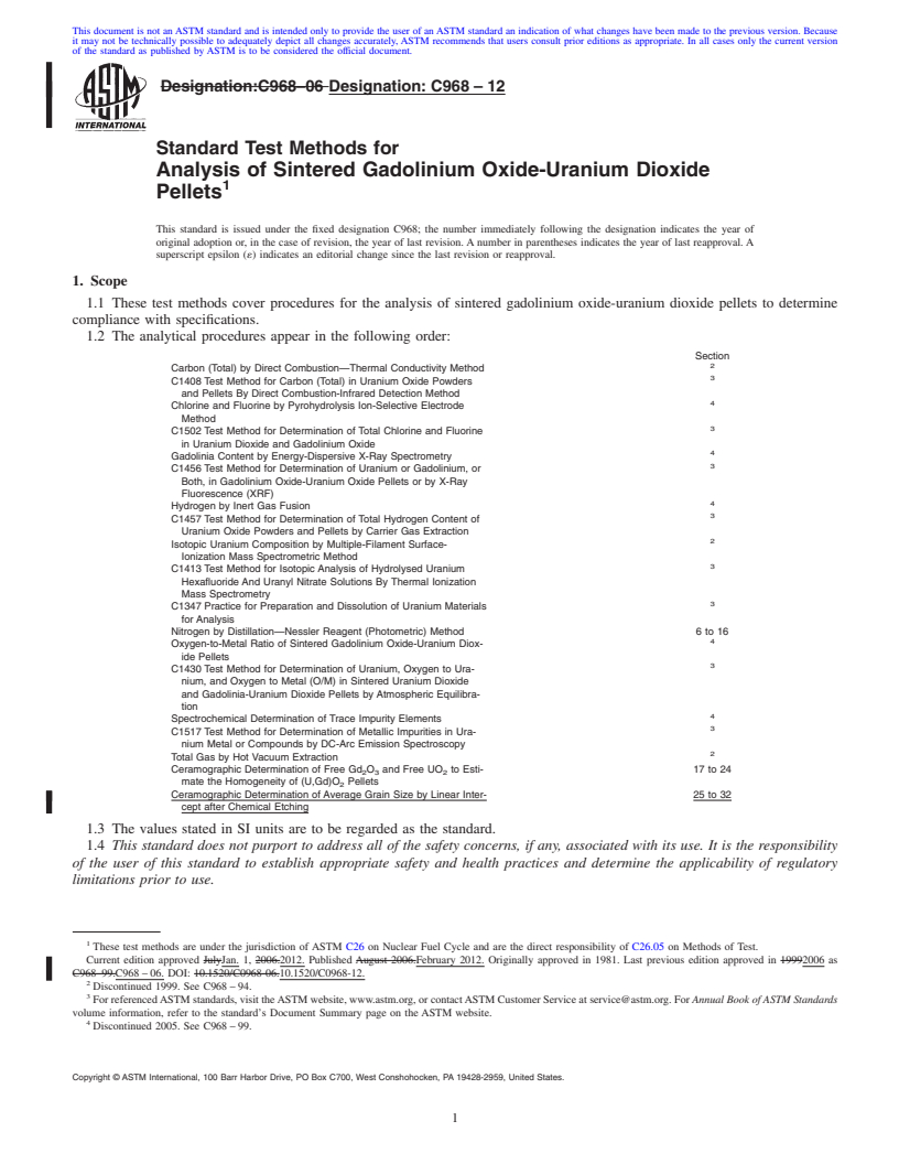 REDLINE ASTM C968-12 - Standard Test Methods for Analysis of Sintered Gadolinium Oxide-Uranium Dioxide Pellets