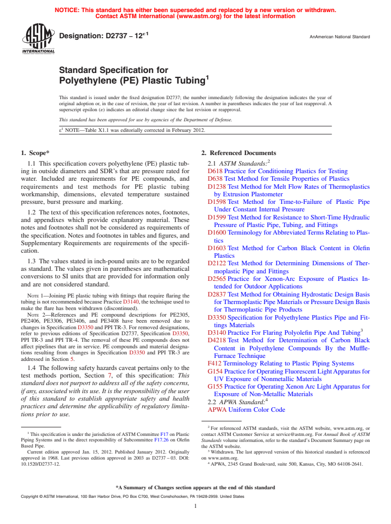 ASTM D2737-12e1 - Standard Specification for  Polyethylene (PE) Plastic Tubing