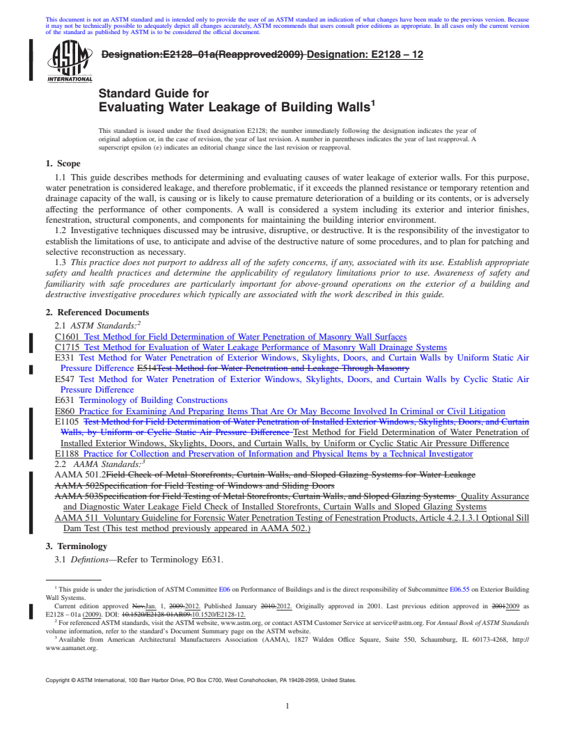 REDLINE ASTM E2128-12 - Standard Guide for Evaluating Water Leakage of Building Walls
