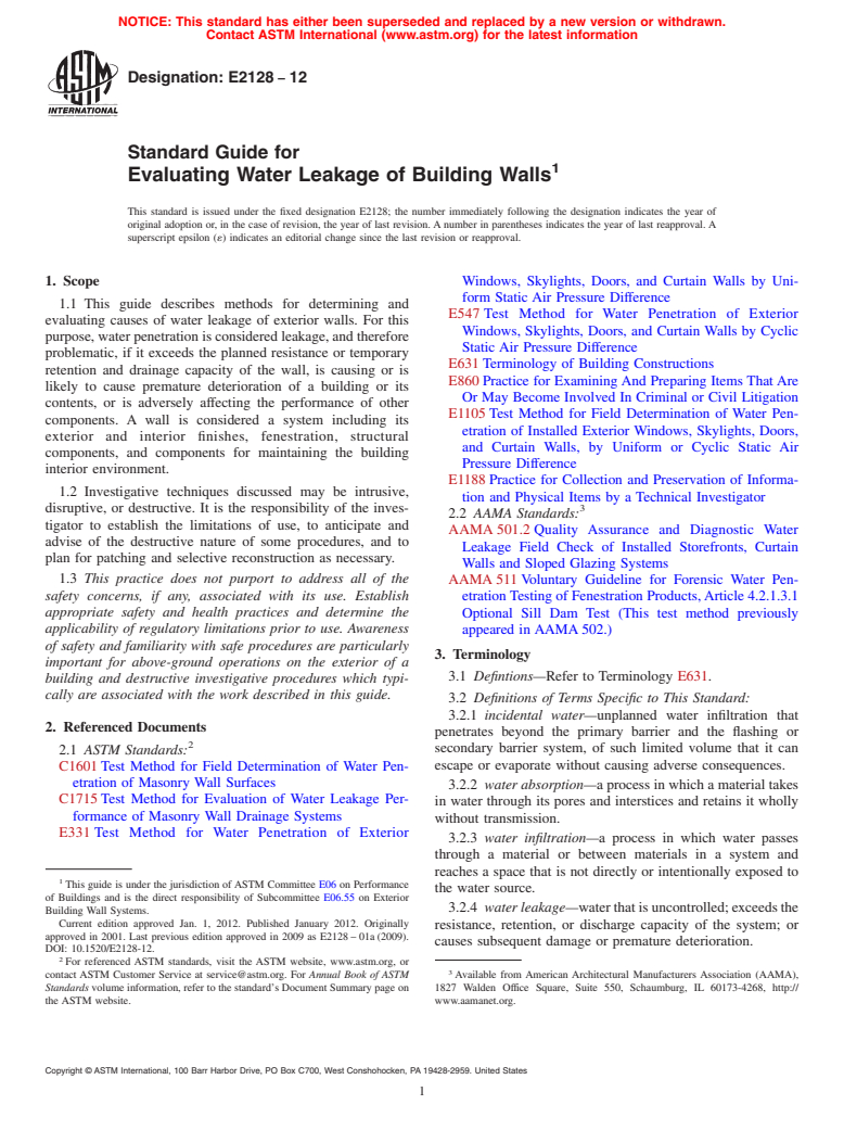 ASTM E2128-12 - Standard Guide for Evaluating Water Leakage of Building Walls