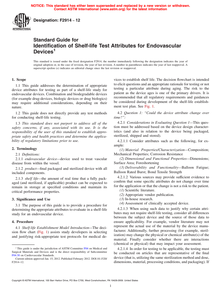 ASTM F2914-12 - Standard Guide for Identification of Shelf-life Test Attributes for Endovascular Devices