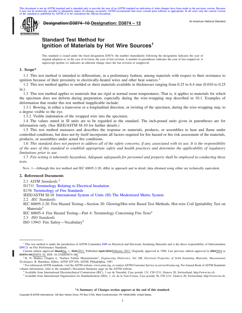 REDLINE ASTM D3874-12 - Standard Test Method for  Ignition of Materials by Hot Wire Sources