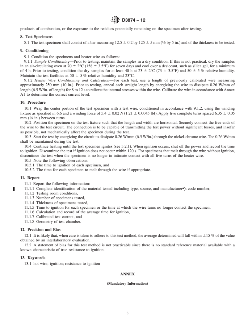 REDLINE ASTM D3874-12 - Standard Test Method for  Ignition of Materials by Hot Wire Sources