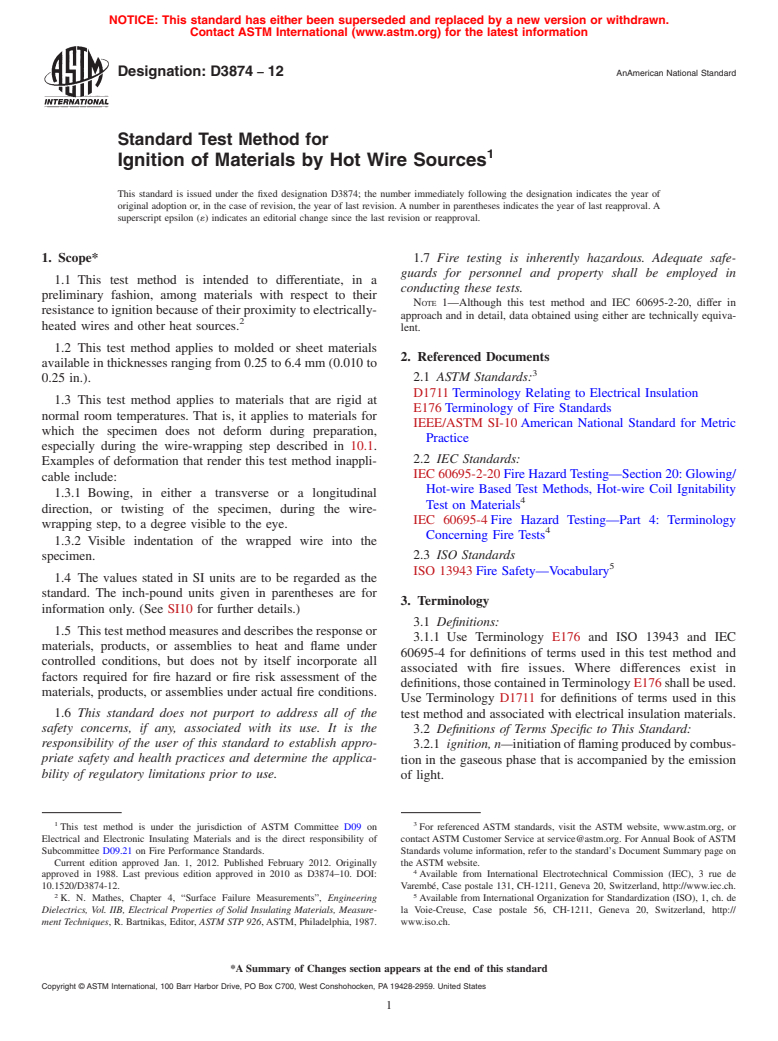 ASTM D3874-12 - Standard Test Method for  Ignition of Materials by Hot Wire Sources