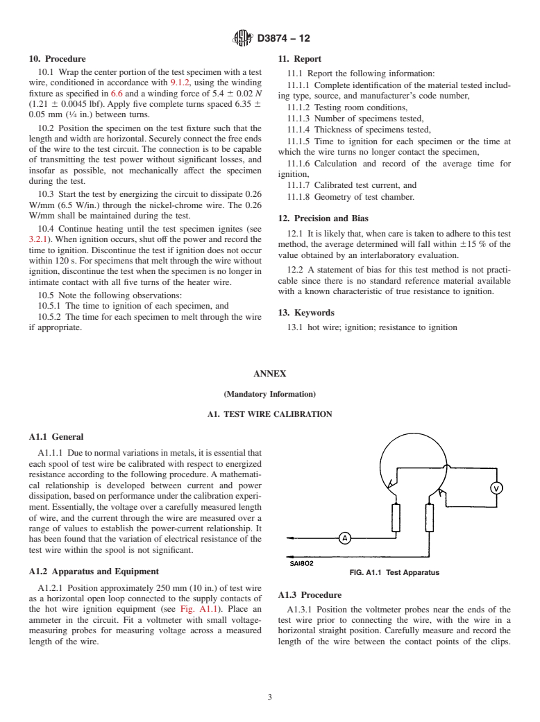 ASTM D3874-12 - Standard Test Method for  Ignition of Materials by Hot Wire Sources