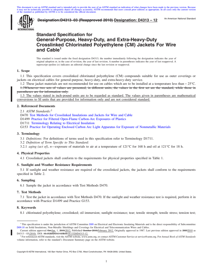 REDLINE ASTM D4313-12 - Standard Specification for  General-Purpose, Heavy-Duty, and Extra-Heavy-Duty Crosslinked Chlorinated Polyethylene (CM) Jackets For Wire and Cable