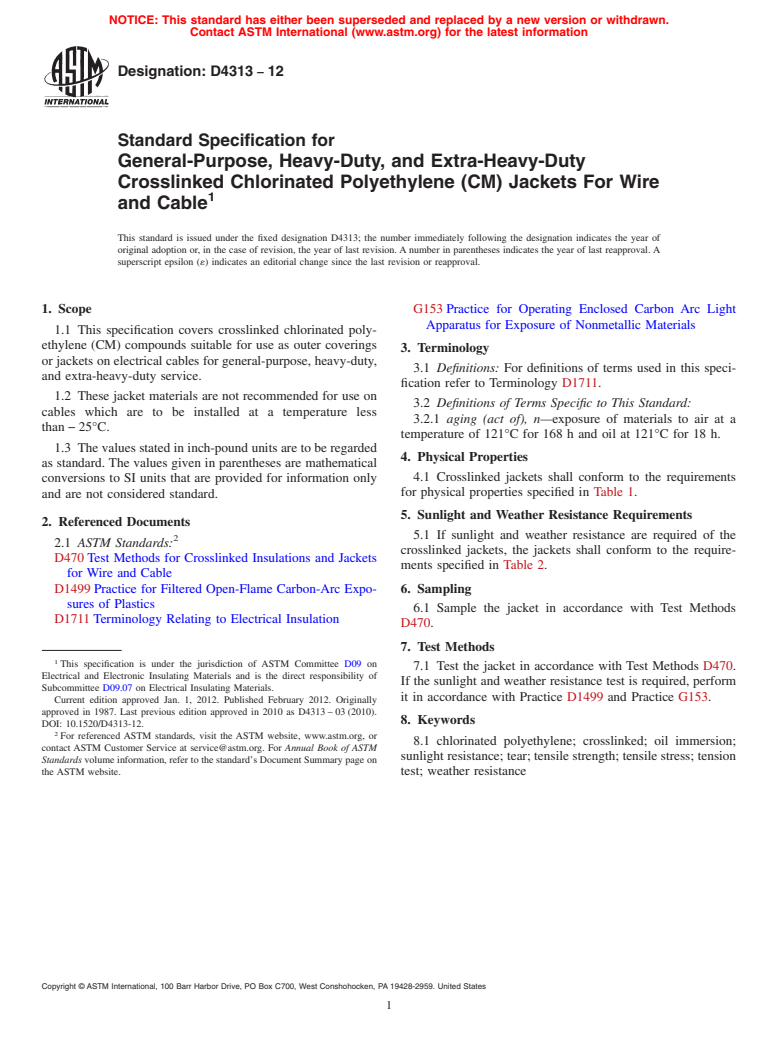 ASTM D4313-12 - Standard Specification for  General-Purpose, Heavy-Duty, and Extra-Heavy-Duty Crosslinked Chlorinated Polyethylene (CM) Jackets For Wire and Cable