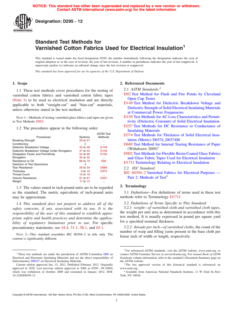 ASTM D295-12 - Standard Test Methods for Varnished Cotton Fabrics Used for Electrical Insulation (Withdrawn 2020)