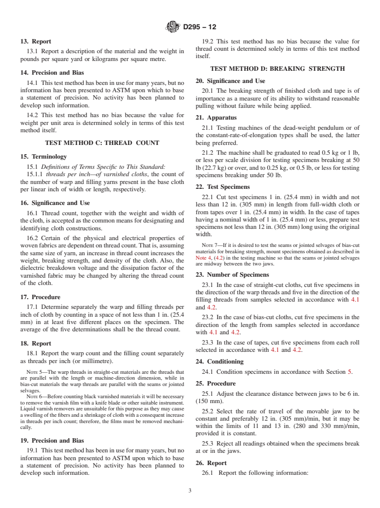 ASTM D295-12 - Standard Test Methods for Varnished Cotton Fabrics Used for Electrical Insulation (Withdrawn 2020)