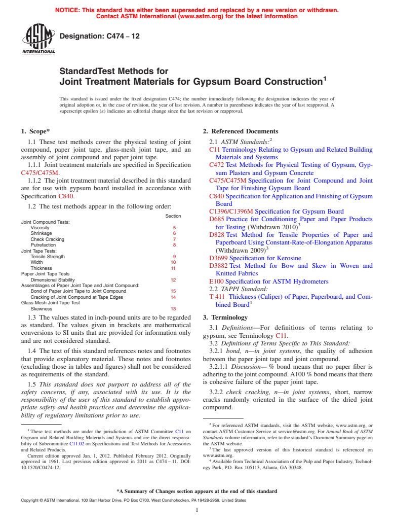 ASTM C474-12 - Standard Test Methods for Joint Treatment Materials for Gypsum Board Construction
