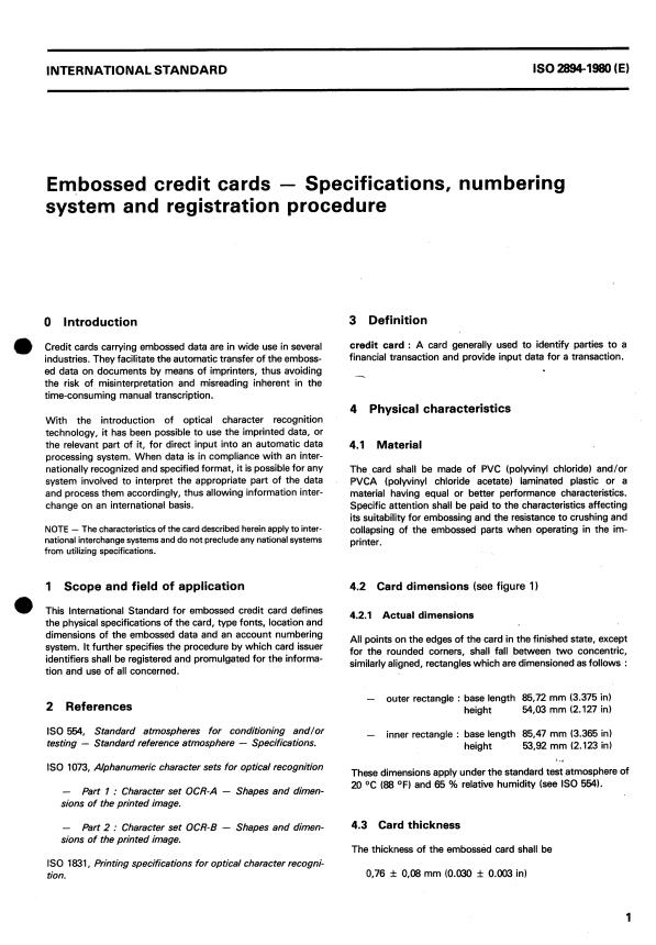 ISO 2894:1980 - Embossed credit cards -- Specifications, numbering system and registration procedure