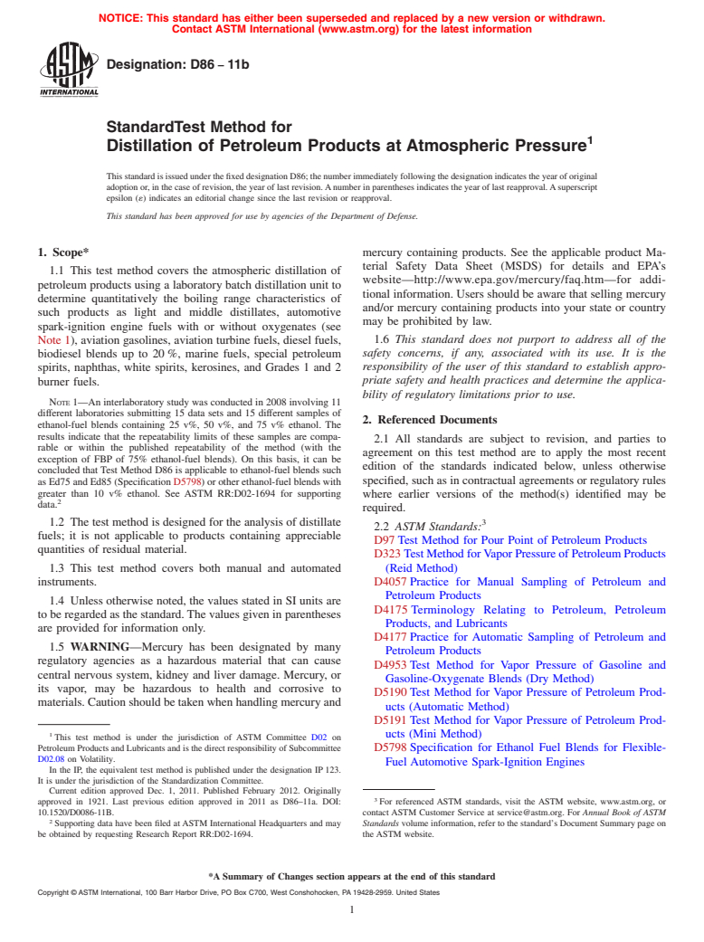 ASTM D86-11b - Standard Test Method for Distillation of Petroleum Products at Atmospheric Pressure