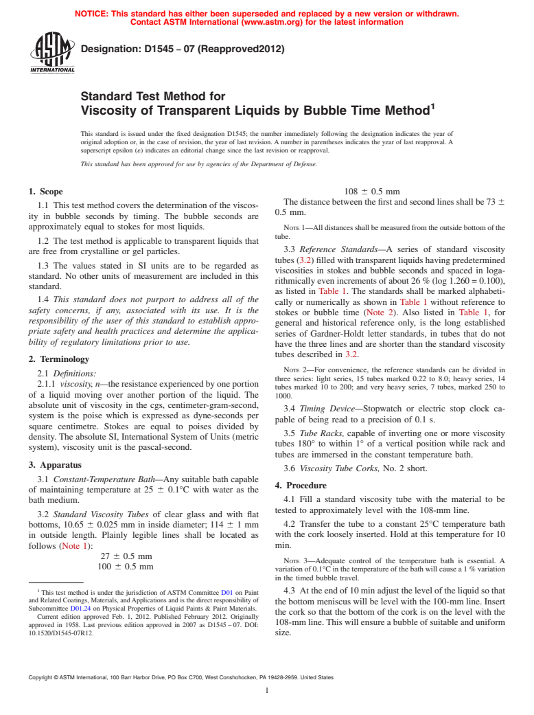 ASTM D1545-07(2012) - Standard Test Method for Viscosity of Transparent Liquids by Bubble Time Method