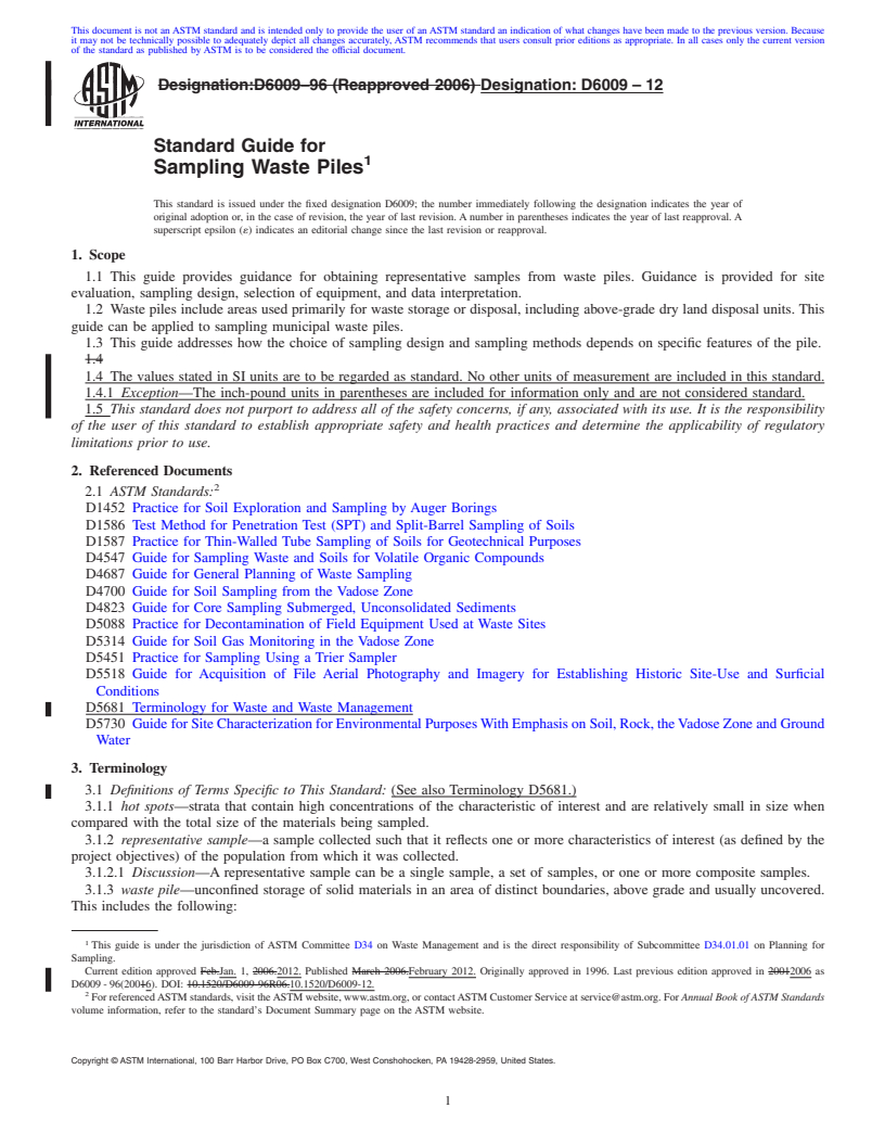 REDLINE ASTM D6009-12 - Standard Guide for  Sampling Waste Piles