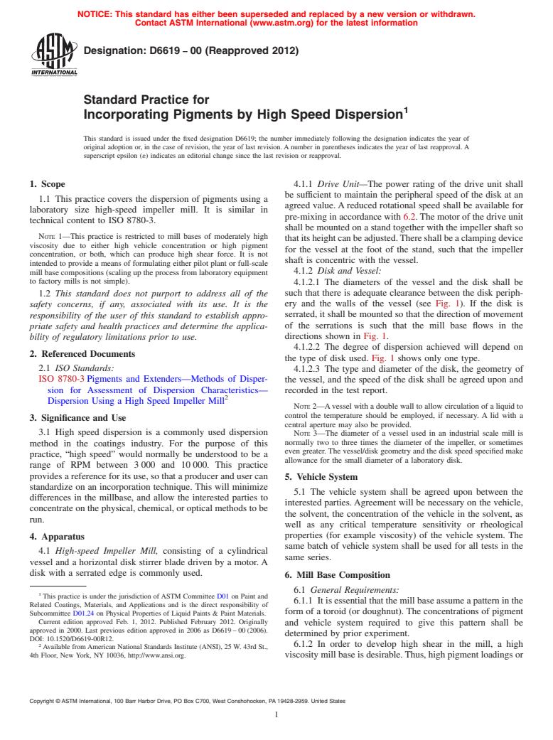 ASTM D6619-00(2012) - Standard Practice for  Incorporating Pigments by High Speed Dispersion