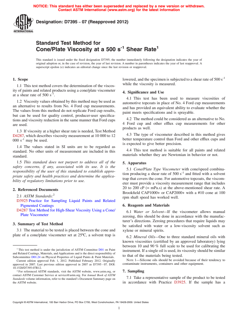 ASTM D7395-07(2012) - Standard Test Method for Cone/Plate Viscosity at a  500 s<sup>-1</sup> Shear Rate