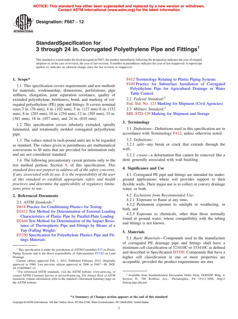 ASTM F667-12 - Standard Specification for  3 through 24 in. Corrugated Polyethylene Pipe and Fittings