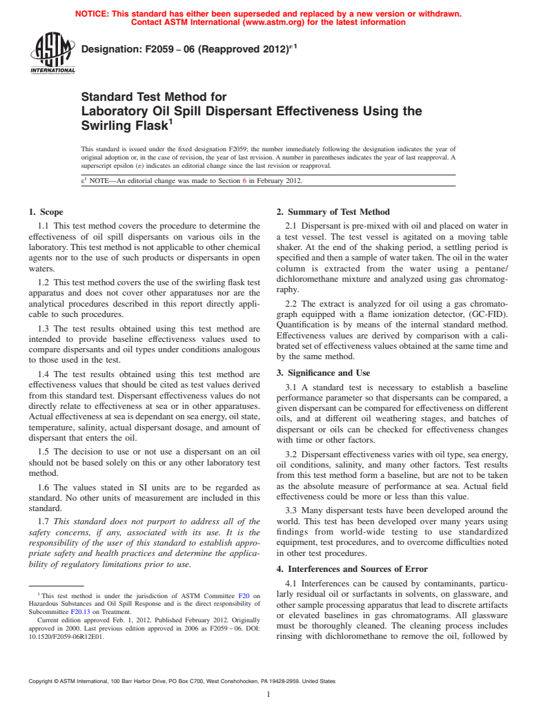 ASTM F2059-06(2012)e1 - Standard Test Method for Laboratory Oil Spill Dispersant Effectiveness Using The Swirling Flask