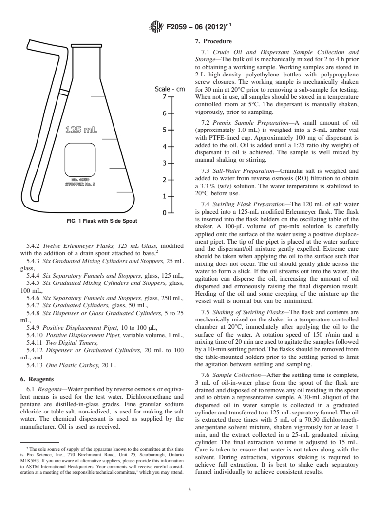 ASTM F2059-06(2012)e1 - Standard Test Method for Laboratory Oil Spill Dispersant Effectiveness Using The Swirling Flask