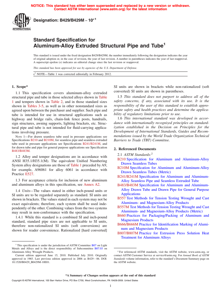 ASTM B429/B429M-10e1 - Standard Specification for  Aluminum-Alloy Extruded Structural Pipe and Tube (Withdrawn 2019)