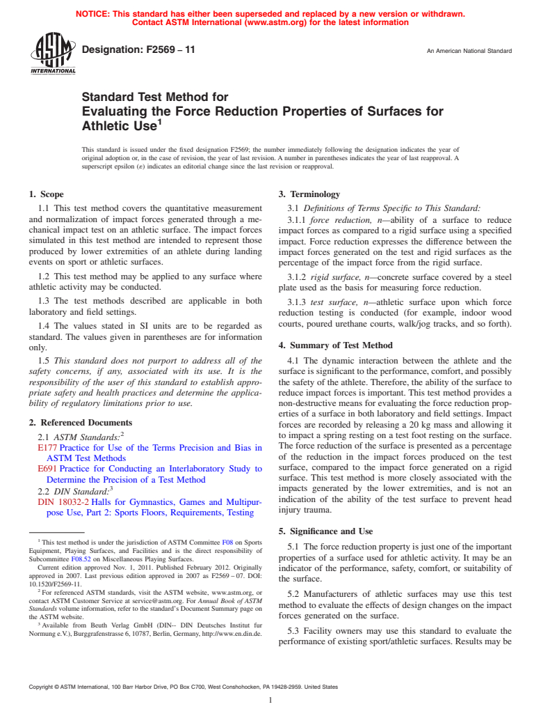 ASTM F2569-11 - Standard Test Method for Evaluating the Force Reduction Properties of Surfaces for Athletic Use