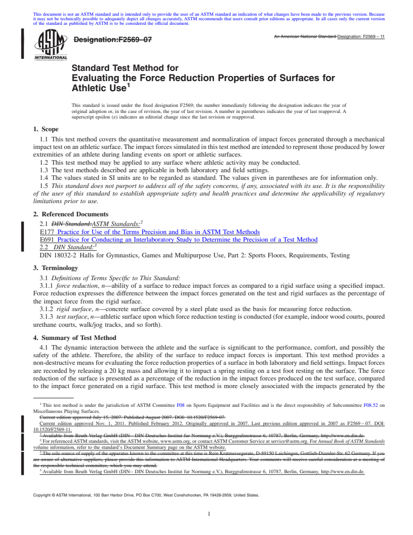 REDLINE ASTM F2569-11 - Standard Test Method for Evaluating the Force Reduction Properties of Surfaces for Athletic Use