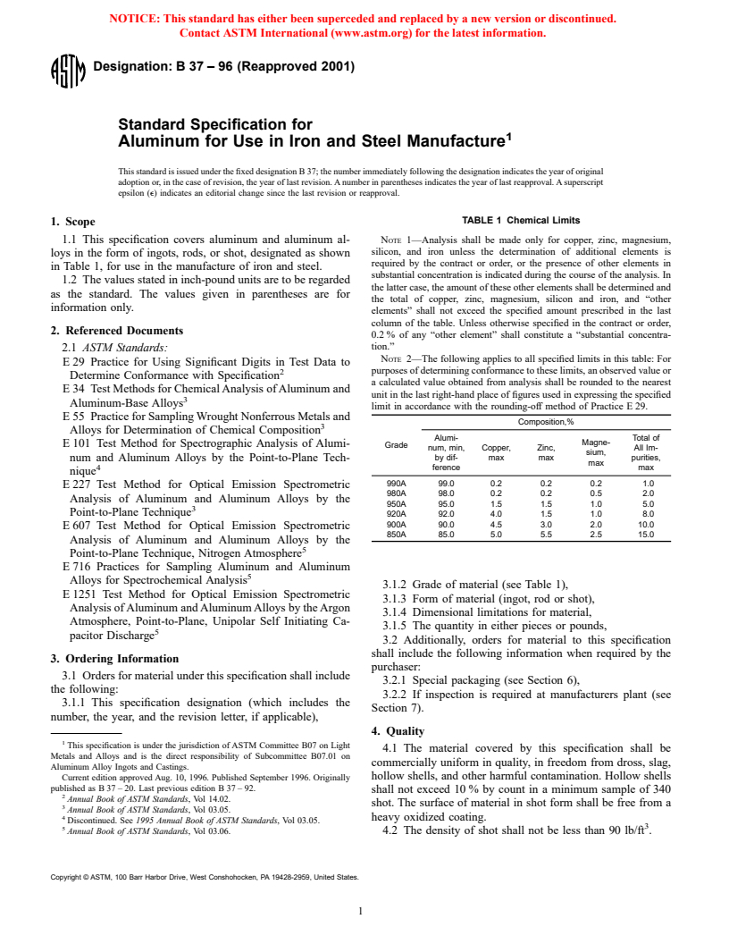 ASTM B37-96(2001) - Standard Specification for Aluminum for Use in Iron and Steel Manufacture