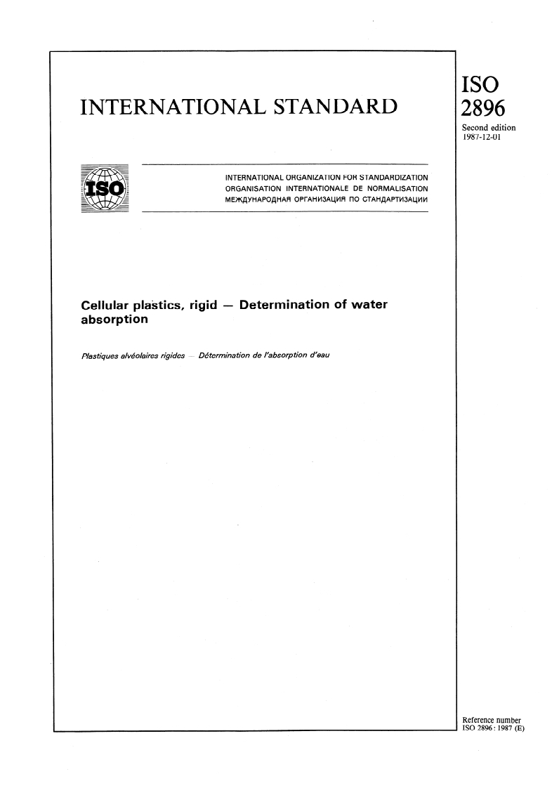 ISO 2896:1987 - Cellular plastics, rigid — Determination of water absorption
Released:11/26/1987