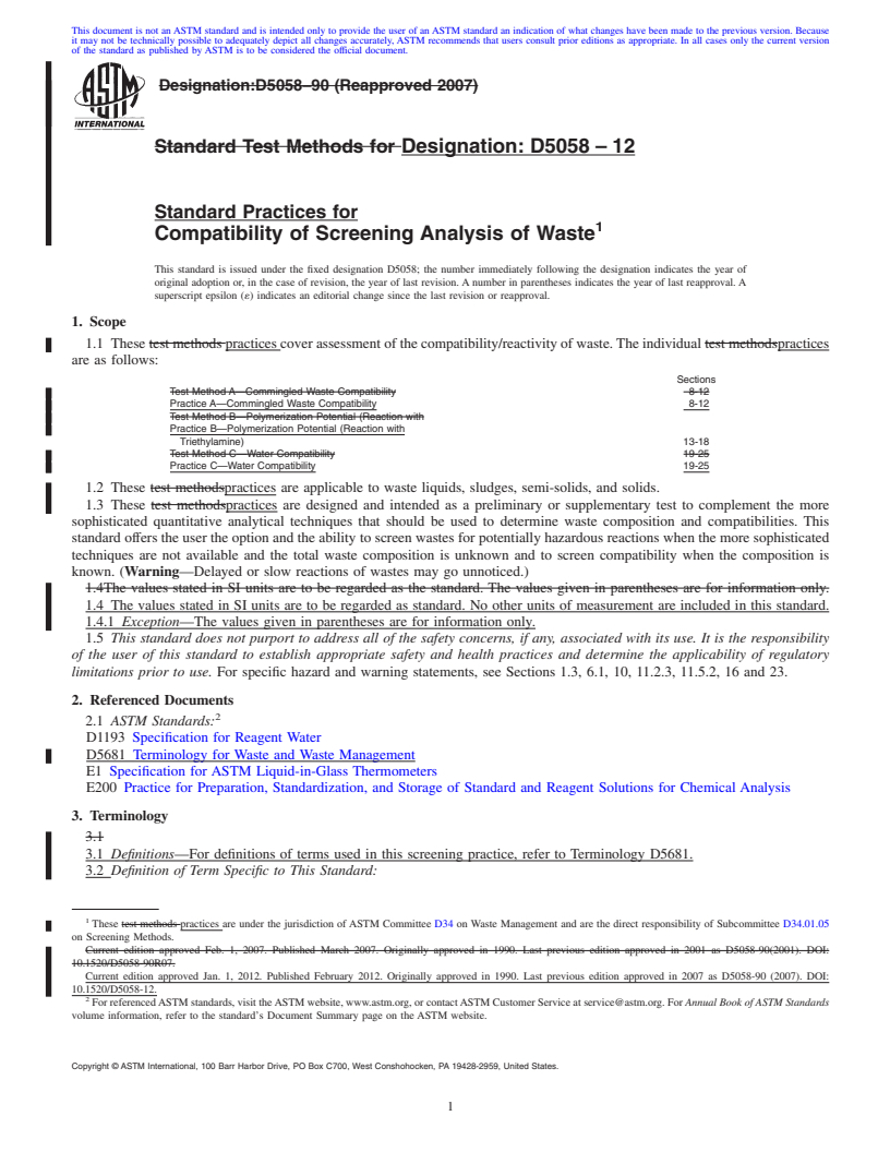 REDLINE ASTM D5058-12 - Standard Practices for Compatibility of Screening Analysis of Waste