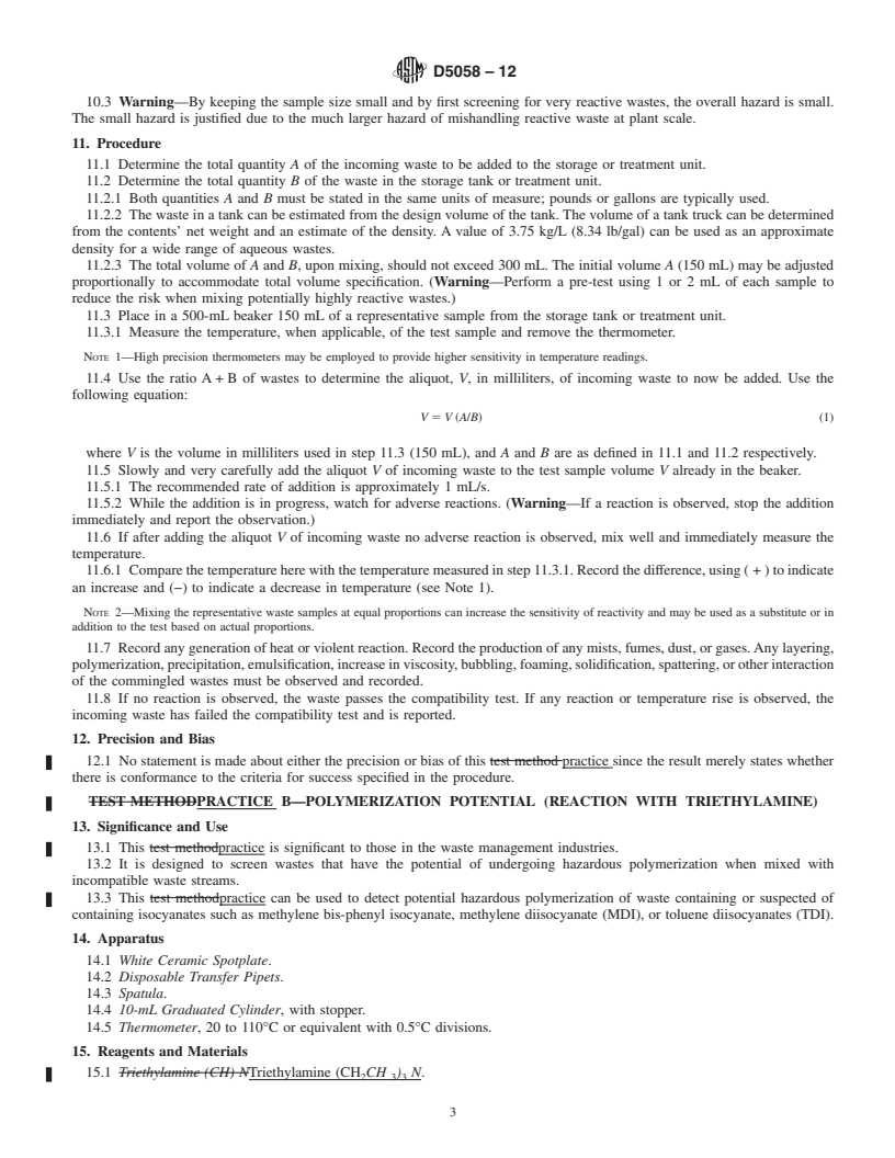 REDLINE ASTM D5058-12 - Standard Practices for Compatibility of Screening Analysis of Waste