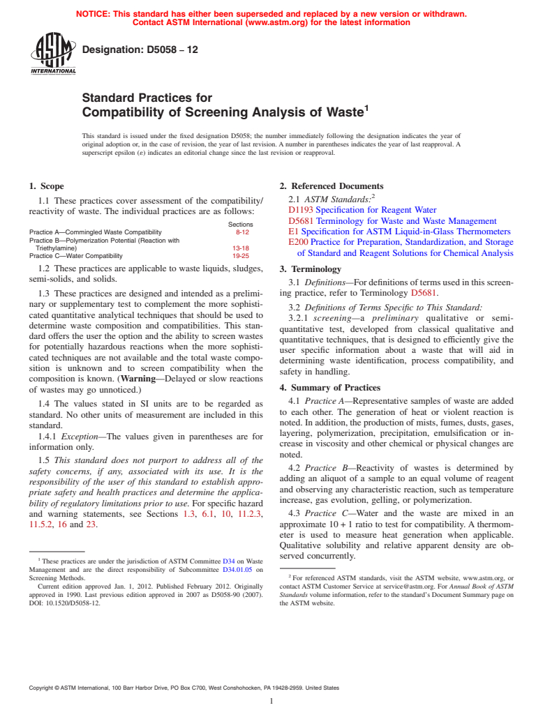 ASTM D5058-12 - Standard Practices for Compatibility of Screening Analysis of Waste