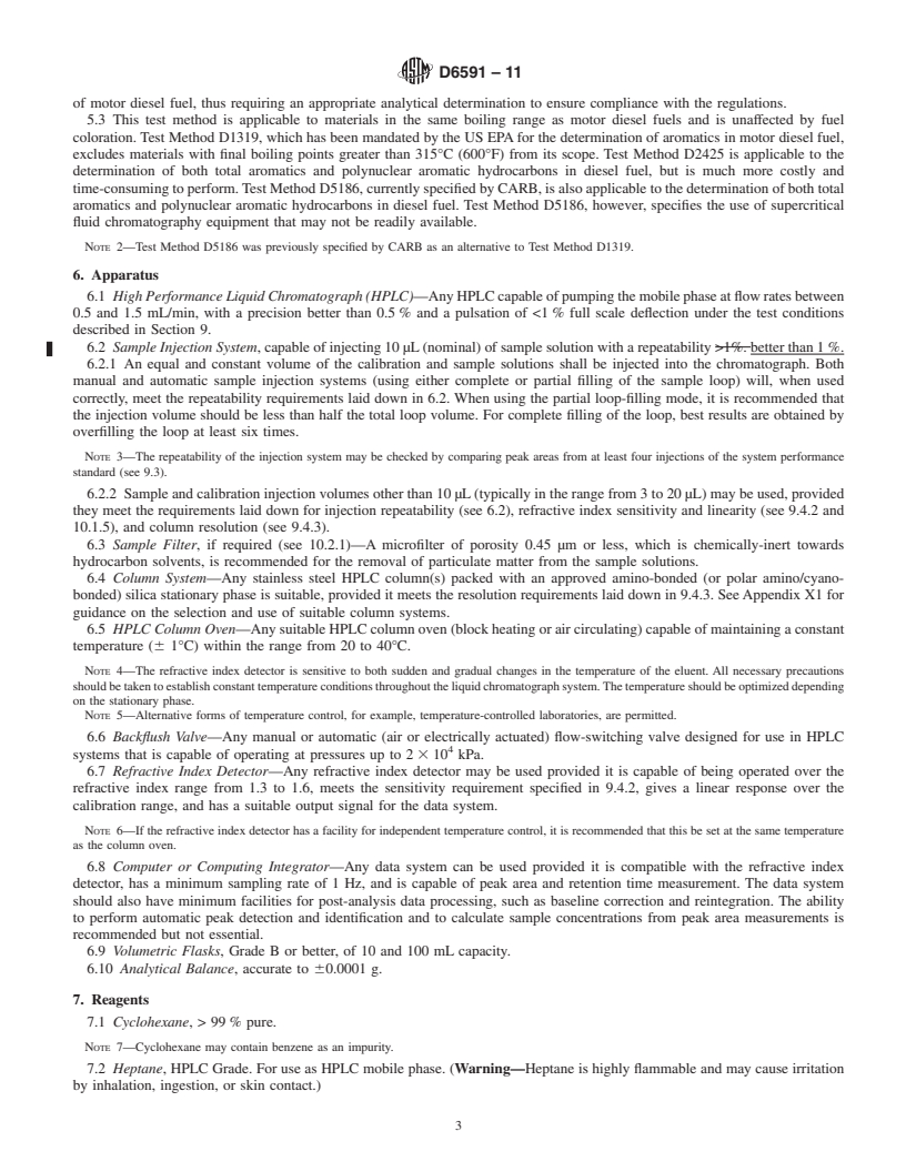 REDLINE ASTM D6591-11 - Standard Test Method for Determination of Aromatic Hydrocarbon Types in Middle Distillates&mdash;High Performance Liquid Chromatography Method with Refractive Index Detection