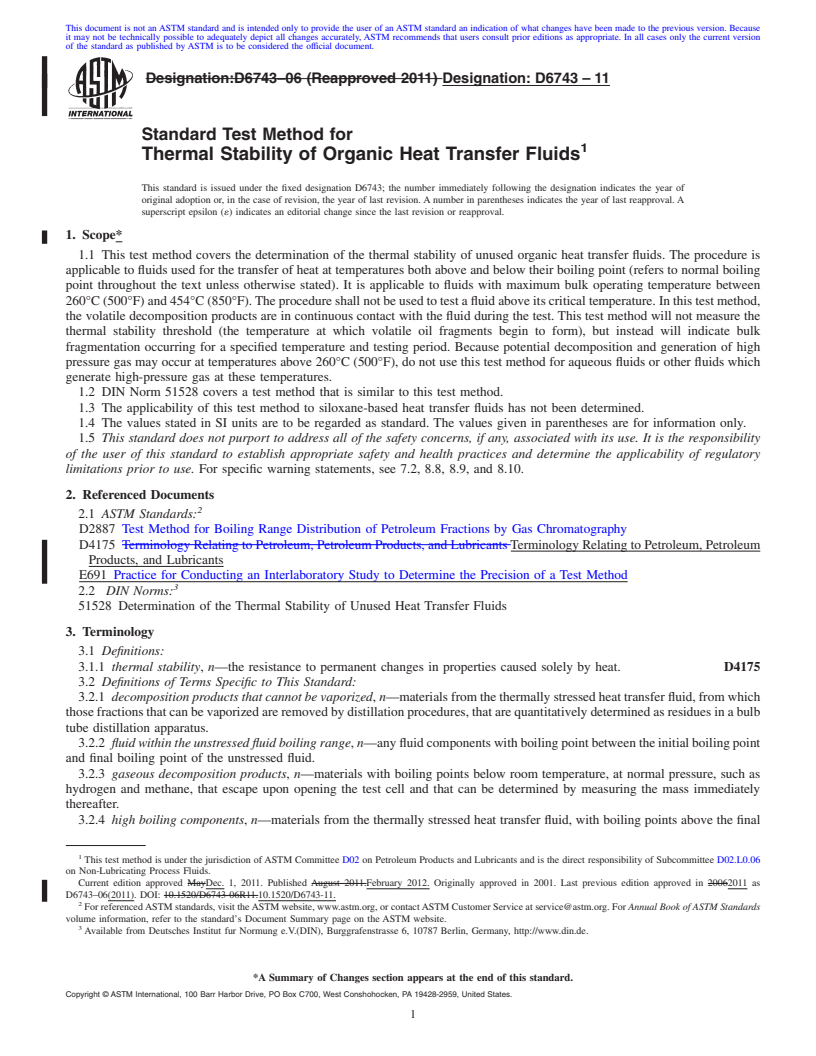 REDLINE ASTM D6743-11 - Standard Test Method for Thermal Stability of Organic Heat Transfer Fluids