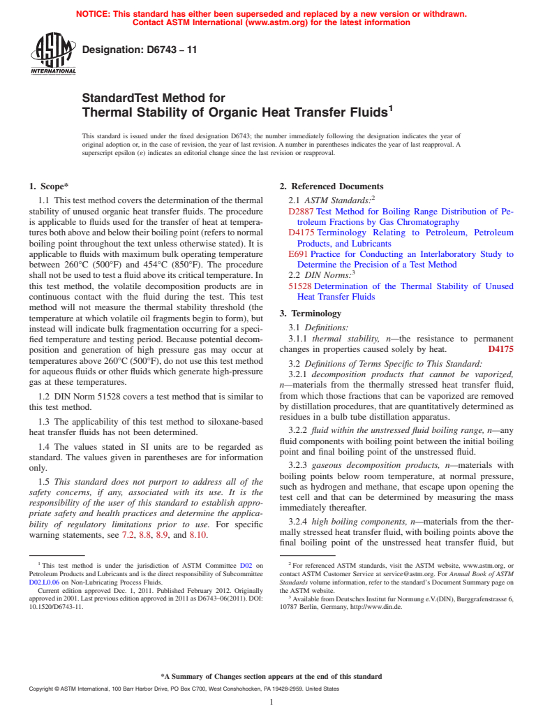 ASTM D6743-11 - Standard Test Method for Thermal Stability of Organic Heat Transfer Fluids